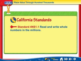 1-1     Place Value Through Hundred Thousands




          Standard 4NS1.1 Read and write whole
      numbers in the millions.
 
