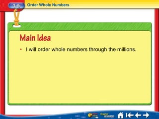 1-5      Order Whole Numbers




      • I will order whole numbers through the millions.
 