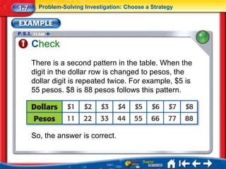 1-7     Problem-Solving Investigation: Choose a Strategy




      Check
      There is a second pattern in the table. When the
      digit in the dollar row is changed to pesos, the
      dollar digit is repeated twice. For example, $5 is
      55 pesos. $8 is 88 pesos follows this pattern.




      So, the answer is correct.
 