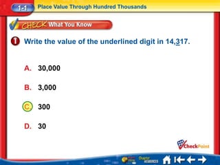 1-1   Place Value Through Hundred Thousands




  Write the value of the underlined digit in 14,317.


  A. 30,000

  B. 3,000

  C. 300

  D. 30
 