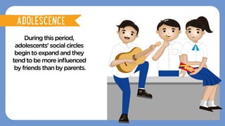 Duringthisperiod,
adolescents'socialcircles
begintoexpandandthey
tendtobemoreinﬂuenced
byfriendsthanbyparents.
ADOLESCENCE
ADOLESCENCE
 