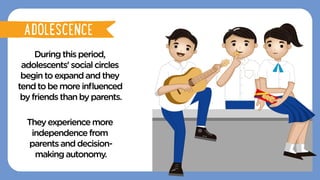Duringthisperiod,
adolescents'socialcircles
begintoexpandandthey
tendtobemoreinﬂuenced
byfriendsthanbyparents.
Theyexperience more
independencefrom
parentsanddecision-
makingautonomy.
ADOLESCENCE
ADOLESCENCE
 