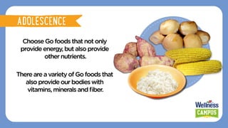ChooseGo foods thatnotonly
provideenergy,butalsoprovide
othernutrients.
Thereareavarietyof Gofoodsthat
alsoprovideourbodies with
vitamins,mineralsandﬁber.
PINGGANG PINOY
ADOLESCENCE
 
