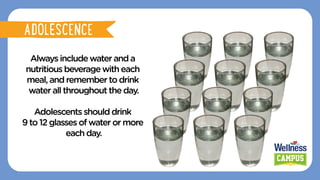 Alwaysincludewateranda
nutritiousbeveragewith each
meal,andremembertodrink
waterallthroughoutthe day.
Adolescentsshould drink
9to12glassesofwaterormore
eachday.
PINGGANG PINOY
ADOLESCENCE
 