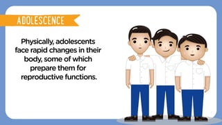 Physically, adolescents
face rapid changes in their
body, some of which
prepare them for
reproductive functions.
ADOLESCENCE
ADOLESCENCE
 