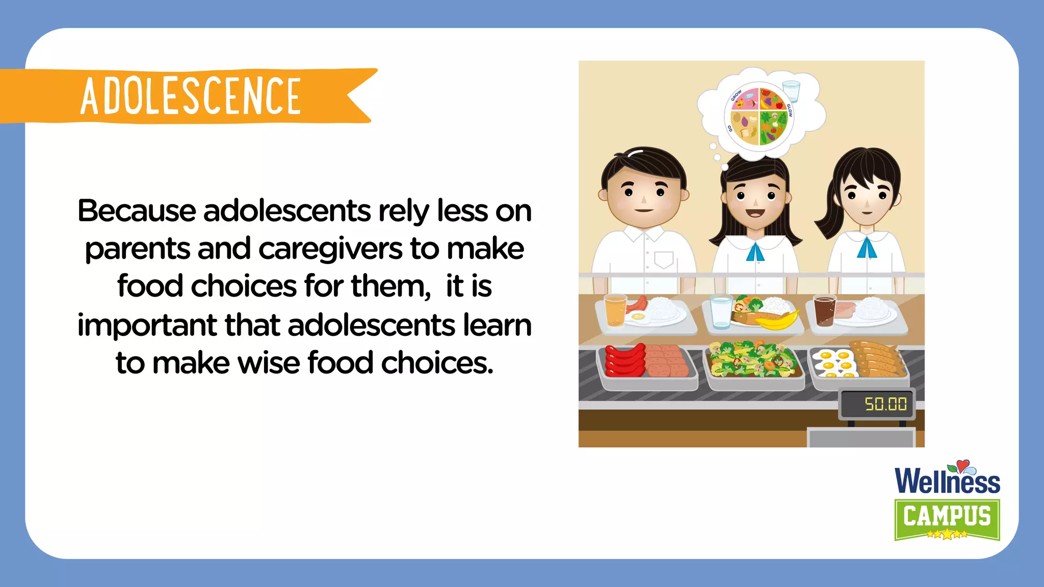 Because adolescents rely less on
parents and caregivers to make
food choices for them, it is
important that adolescents learn
to make wise food choices.
ADOLESCENCE
ADOLESCENCE
 