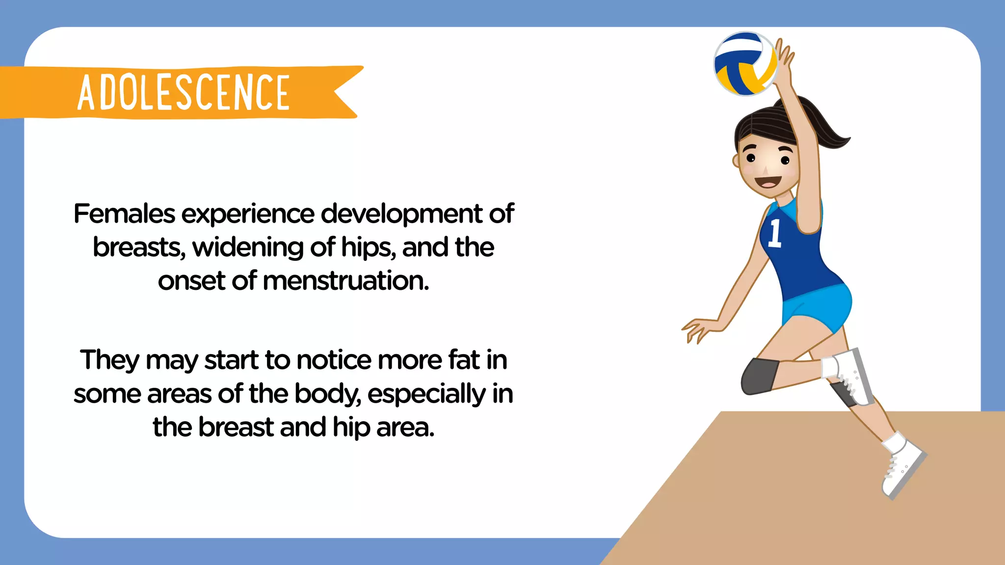 Femalesexperiencedevelopmentof
breasts,wideningof hips,andthe
onsetof menstruation.
Theymaystarttonotice morefatin
someareasofthebody,especiallyin
thebreastandhiparea.
ADOLESCENCE
ADOLESCENCE
 