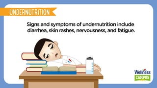 Signs and symptoms of undernutrition include
diarrhea, skin rashes, nervousness, and fatigue.
UNDERNUTRITION