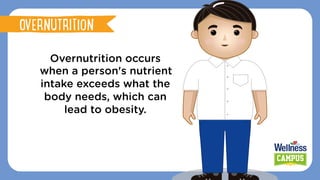 Overnutrition occurs
when a person's nutrient
intake exceeds what the
body needs, which can
lead to obesity.
Pinggang pinoyOVERNUTRITION