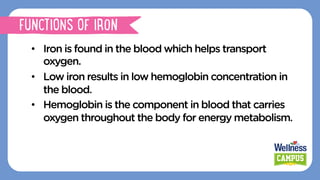•  Iron is found in the blood which helps transport
oxygen.
•  Low iron results in low hemoglobin concentration in
the blood.
•  Hemoglobin is the component in blood that carries
oxygen throughout the body for energy metabolism.
FUNCTIONS OF IRON
 