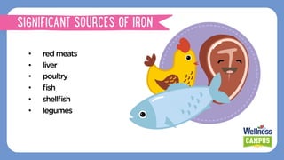 •  redmeats
•  liver
•  poultry
•  ﬁsh
•  shellﬁsh
•  legumes
SIGNIFICANT SOURCES OF IRON
 