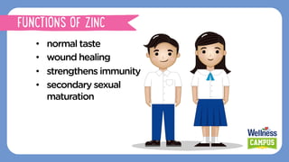 •  normal taste
•  wound healing
•  strengthens immunity
•  secondary sexual
maturation
FUNCTIONS OF ZINC
 
