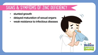 •  stuntedgrowth
•  delayedmaturationofsexualorgans
•  weakresistancetoinfectious diseases
SIGNS & SYMPTOMS OF ZINC DEFICIENCY
 