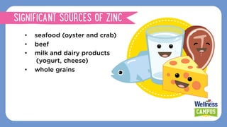 •  seafood (oyster and crab)
•  beef
•  milk and dairy products
(yogurt, cheese)
•  whole grains
SIGNIFICANT SOURCES OF ZINC
 
