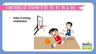 •  helpsinenergy
metabolism
FUNCTIONS OF VITAMIN B (B1, B2, B3, B6 & B6)
 
