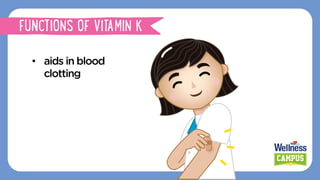 •  aids in blood
clotting
FUNCTIONS OF VITAMIN K
 