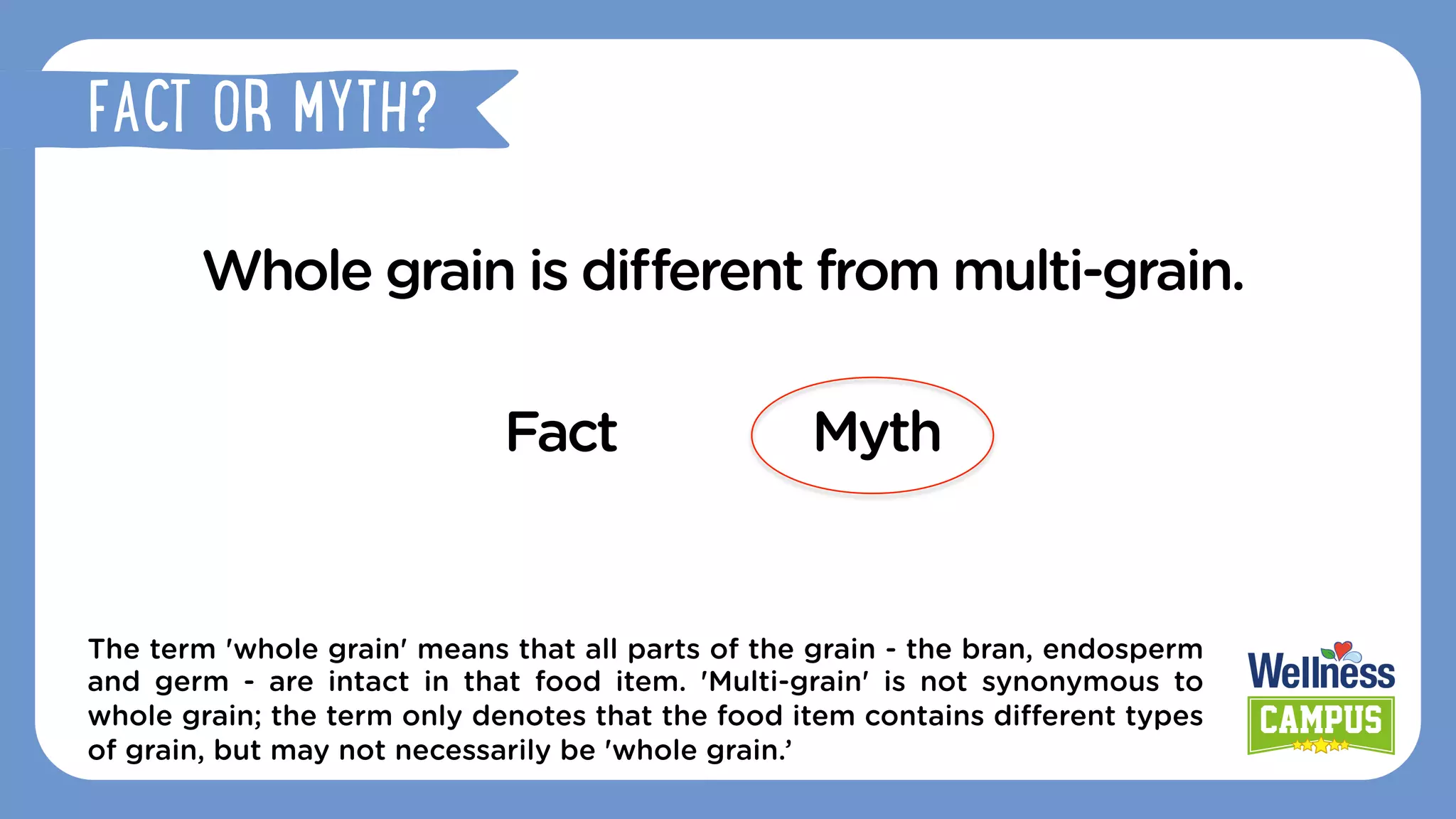 Whole grain is diﬀerent from multi-grain.
Fact Myth
The term 'whole grain' means that all parts of the grain - the bran, endosperm
and germ - are intact in that food item. 'Multi-grain' is not synonymous to
whole grain; the term only denotes that the food item contains diﬀerent types
of grain, but may not necessarily be 'whole grain.’
FACT OR MYTH?
 