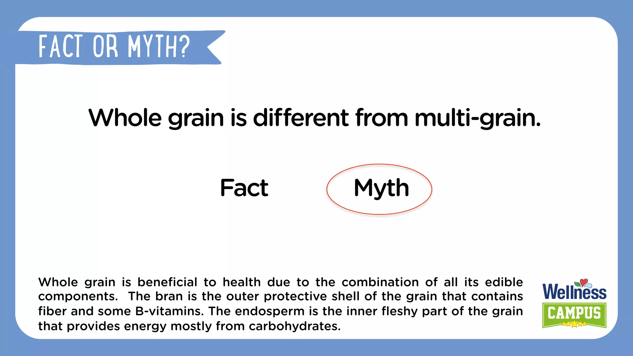 Whole grain is diﬀerent from multi-grain.
Fact Myth
Whole grain is beneﬁcial to health due to the combination of all its edible
components. The bran is the outer protective shell of the grain that contains
ﬁber and some B-vitamins. The endosperm is the inner ﬂeshy part of the grain
that provides energy mostly from carbohydrates.
FACT OR MYTH?
 