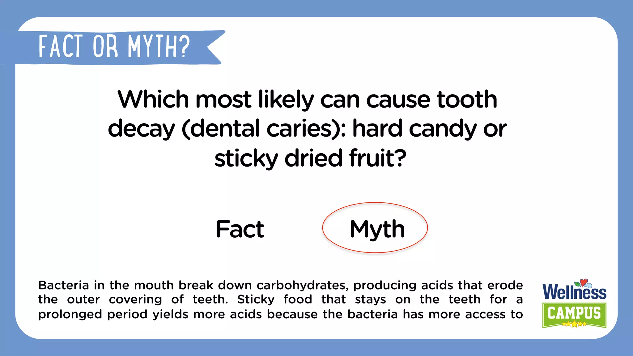 Which most likely can cause tooth
decay (dental caries): hard candy or
sticky dried fruit?
Fact Myth
Bacteria in the mouth break down carbohydrates, producing acids that erode
the outer covering of teeth. Sticky food that stays on the teeth for a
prolonged period yields more acids because the bacteria has more access to
FACT OR MYTH?
 