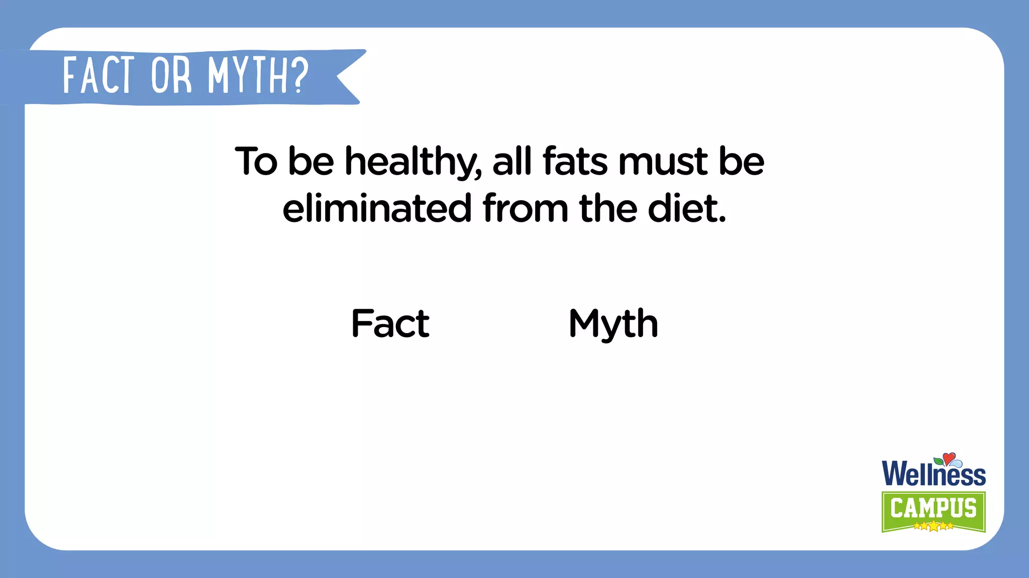 To be healthy, all fats must be
eliminated from the diet.
Fact Myth
FACT OR MYTH?
 