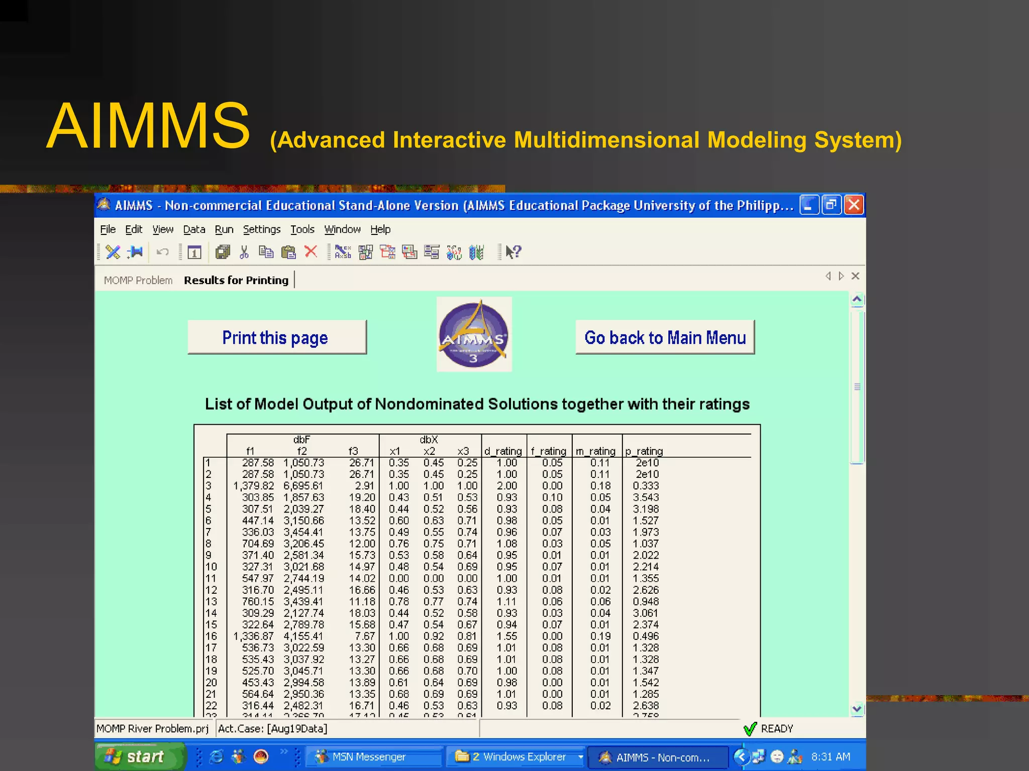 AIMMS (Advanced Interactive Multidimensional Modeling System)
 