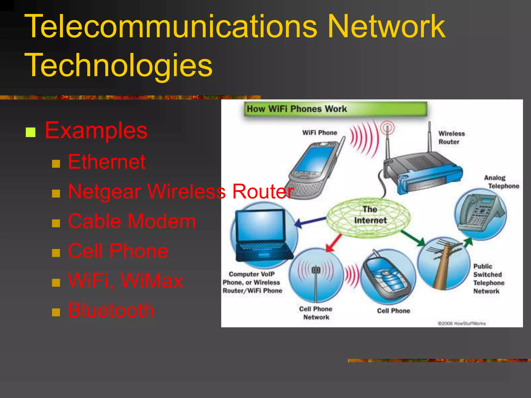Telecommunications Network
Technologies
 Examples
 Ethernet
 Netgear Wireless Router
 Cable Modem
 Cell Phone
 WiFi, WiMax
 Bluetooth
 