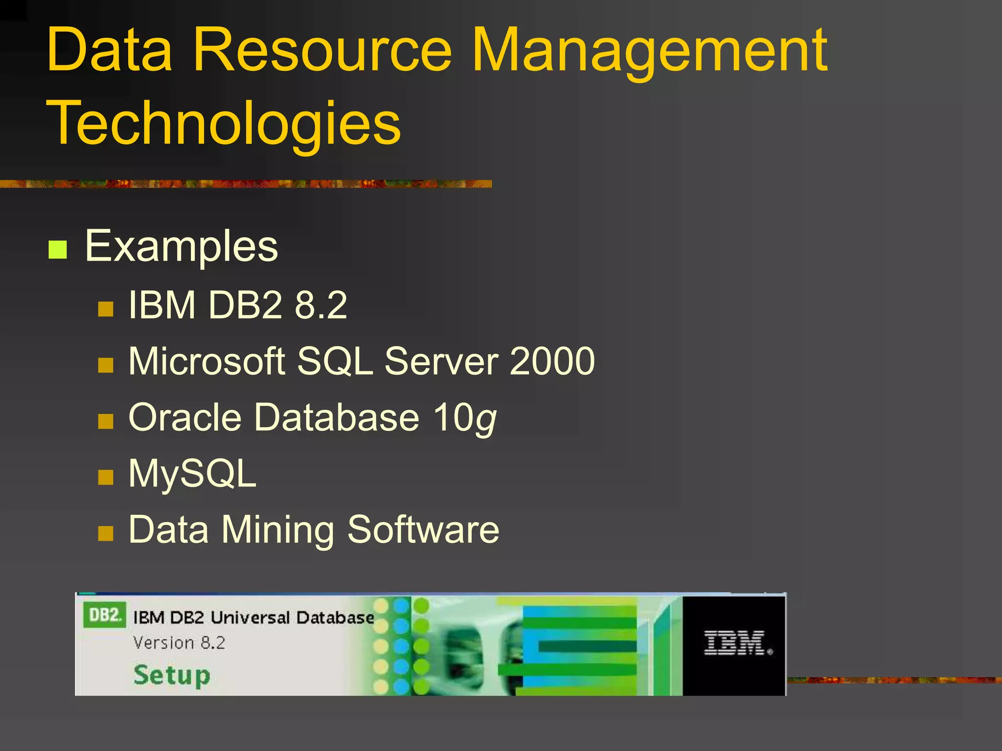 Data Resource Management
Technologies
 Examples
 IBM DB2 8.2
 Microsoft SQL Server 2000
 Oracle Database 10g
 MySQL
 Data Mining Software
 