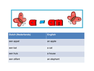 Dutch (Nederlands)   English

een appel            an apple

een kat              a cat

een huis             a house

een olifant          an elephant
 