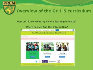 Overview of the Gr 1-5 curriculum
http://www.ptis.ac.th/
How do I know what my child is learning in Maths?
Where can we find this information?
 
