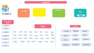 Year
Calendar
Days of the
week
Sunday
Monday
Tuesday
Wednesday
Thursday
Friday
Saturday
1 2 3 4 5 6 7 8
9 10 11 12 13 14 15 16
17 18 19 20 21 22 23 24
March
February
January
June
May
April
September
August
July
December
November
October
Months
Date
25 26 27 28 29 30 31
2023
Today
Date Month
 