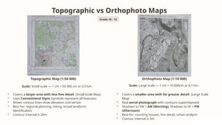 Topographic vs Orthophoto Maps
Topographic Map (1:50 000)
Scale: Small scale — 1 cm = 50 000 cm or 0.5 km.
• Covers a larger area with less fine detail. (Small Scale Map)
• Uses Conventional Signs (symbols represent all features)
• Brown contour lines show elevation and terrain
• Best for: regional planning, hiking, broad landform
identification
• Contour Interval is 20m
Orthophoto Map (1:10 000)
Scale: Large scale — 1 cm = 10 000cm or 0.1 km.
• Covers a smaller area with far greater detail. (Large Scale
Map)
• Real aerial photograph with contours superimposed
• Shadows to SW = AM (Morning); Shadows to SE = PM
(Afternoon)
• Best for: counting houses, fine detail, urban analysis
• Contour Interval is 5m
Grade 10 - 12
 