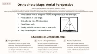 Orthophoto Maps: Aerial Perspective
Ortho is a prefix derived from Greek meaning "straight“ or "upright"
An orthophoto map is a vertical aerial photograph that has been geometrically corrected to maintain a uniform scale throughout the entire image.
Unlike regular photographs, orthophotos eliminate distortions caused by camera angle, terrain relief, and lens imperfections, making them accurate for measurement and mapping
purposes.
Advantages of Orthophoto Maps
1 Exceptional Detail
Orthophotos capture fine details of the
landscape, including vegetation patterns,
building materials, road conditions, and land
use changes that might be difficult to
represent with conventional map symbols.
2 True-to-Life Representation
Because they are actual photographs,
orthophotos show the landscape as it
genuinely appears, making them intuitive to
interpret without requiring extensive
knowledge of cartographic symbols.
3 Practical Applications
Widely used in urban planning,
agricultural monitoring, environmental
assessment, disaster response, property
surveys, and infrastructure development
projects.
Grade 10 - 12
 