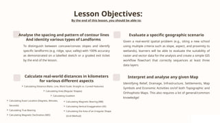 Lesson Objectives:
By the end of this lesson, you should be able to:
 Calculating Exact Location (Degrees, Minutes,
Seconds)
 Calculating True Bearing
 Calculating Magnetic Declination (MD)
Analyse the spacing and pattern of contour lines
And identity various types of Landforms
To distinguish between concave/convex slopes and identify
specific landforms (e.g. ridge, spur, valley) with 100% accuracy
as demonstrated on a labelled sketch or a graded exit ticket
by the end of the lesson.
Evaluate a specific geographic scenario
Given a real‑world spatial problem (e.g., siting a new school
using multiple criteria such as slope, aspect, and proximity to
wetlands), learners will be able to evaluate the suitability of
raster and vector data for the analysis and create a simple GIS
workflow flowchart that correctly sequences at least three
data layers
Calculate real-world distances in kilometers
for various different aspects
Interpret and analyse any given Map
Identifying Relief, Drainage, Infrastructure, Settlements, Map
Symbols and Economic Activities on/of both Topographic and
Orthophoto Maps. This also requires a lot of general/common
knowledge!
 Calculating Magnetic Bearing (MB)
 Calculating Vertical Exaggeration (VE)
 Calculating the Area of an Irregular Shape
(Grid Method)
 Calculating Distance (Ratio, Line, Word Scale; Straight vs. Curved Features)
 Calculating Area (Regular Shapes)
 Calculating Gradient
 