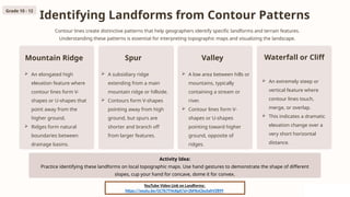 Identifying Landforms from Contour Patterns
Contour lines create distinctive patterns that help geographers identify specific landforms and terrain features.
Understanding these patterns is essential for interpreting topographic maps and visualizing the landscape.
Mountain Ridge
 An elongated high
elevation feature where
contour lines form V-
shapes or U-shapes that
point away from the
higher ground.
 Ridges form natural
boundaries between
drainage basins.
Spur
 A subsidiary ridge
extending from a main
mountain ridge or hillside.
 Contours form V-shapes
pointing away from high
ground, but spurs are
shorter and branch off
from larger features.
Valley
 A low area between hills or
mountains, typically
containing a stream or
river.
 Contour lines form V-
shapes or U-shapes
pointing toward higher
ground, opposite of
ridges.
Waterfall or Cliff
 An extremely steep or
vertical feature where
contour lines touch,
merge, or overlap.
 This indicates a dramatic
elevation change over a
very short horizontal
distance.
Activity Idea:
Practice identifying these landforms on local topographic maps. Use hand gestures to demonstrate the shape of different
slopes, cup your hand for concave, dome it for convex.
YouTube Video Link on Landforms:
https://youtu.be/GCTk7T4nXgA?si=2bFKoCbuSahVZ89Y
Grade 10 - 12
 