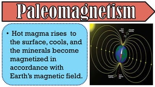 • Hot magma rises to
the surface, cools, and
the minerals become
magnetized in
accordance with
Earth’s magnetic field.
 