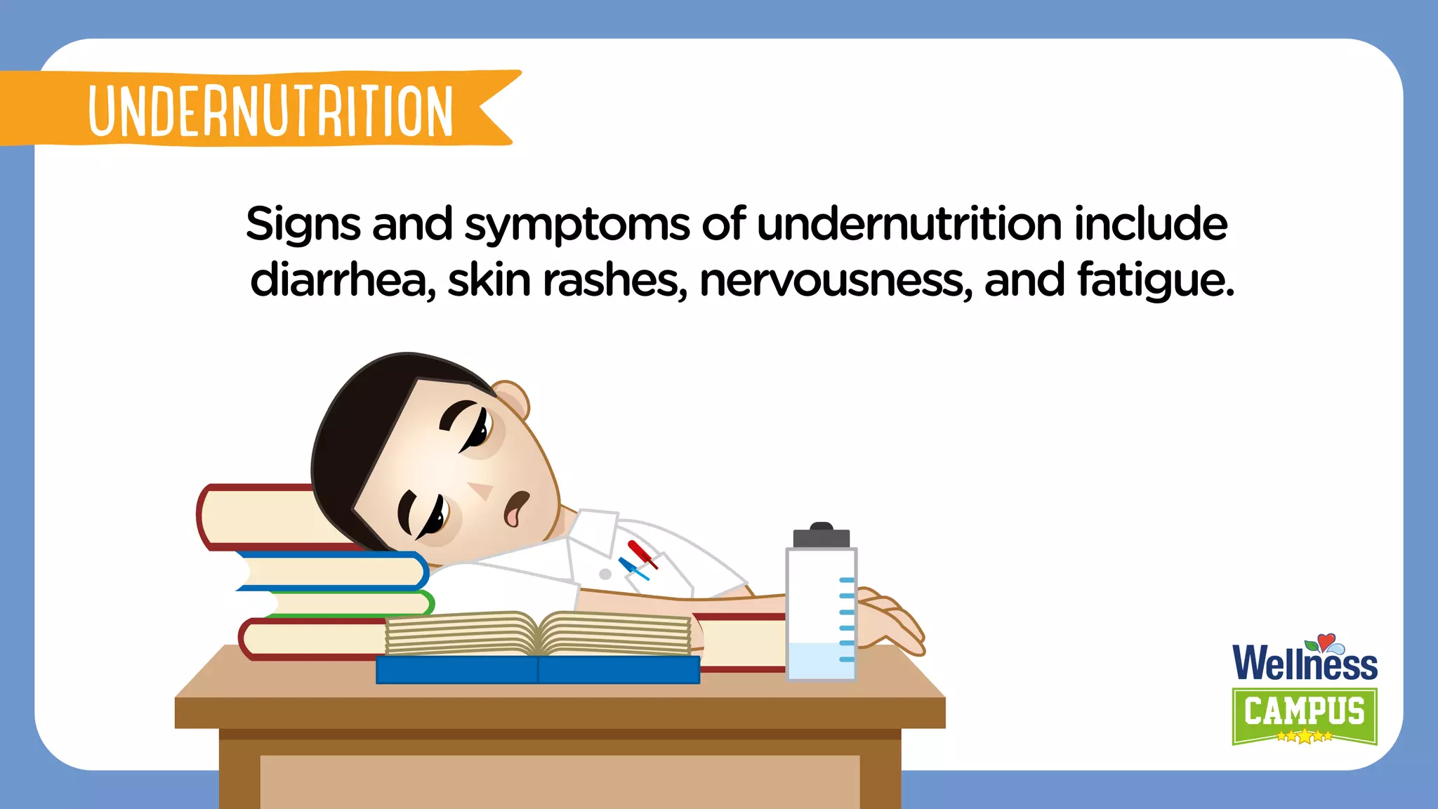 Signs and symptoms of undernutrition include
diarrhea, skin rashes, nervousness, and fatigue.
UNDERNUTRITION
 