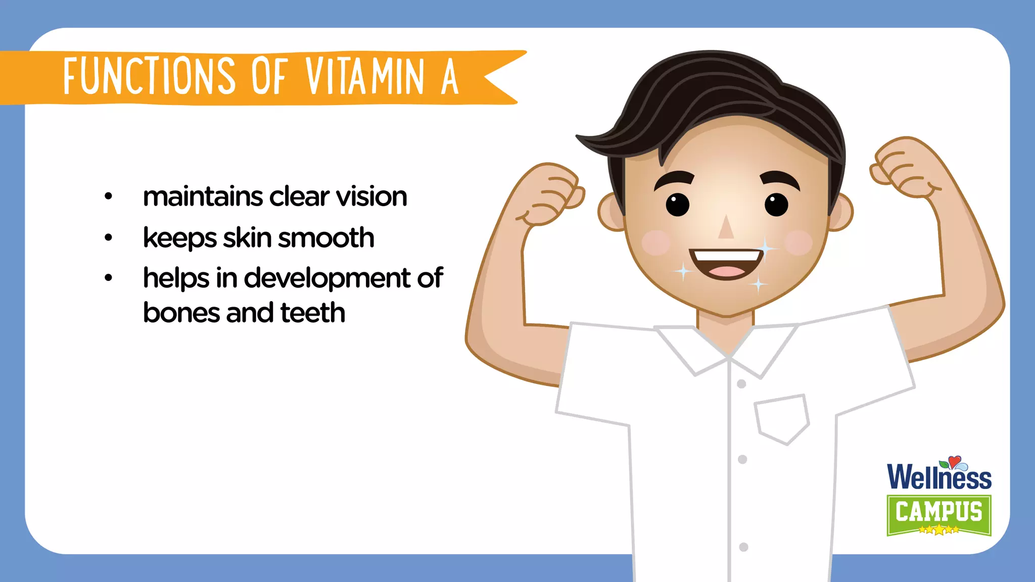 •  maintainsclearvision
•  keepsskinsmooth
•  helpsindevelopmentof
bonesandteeth
FUNCTIONS OF VITAMIN A
 