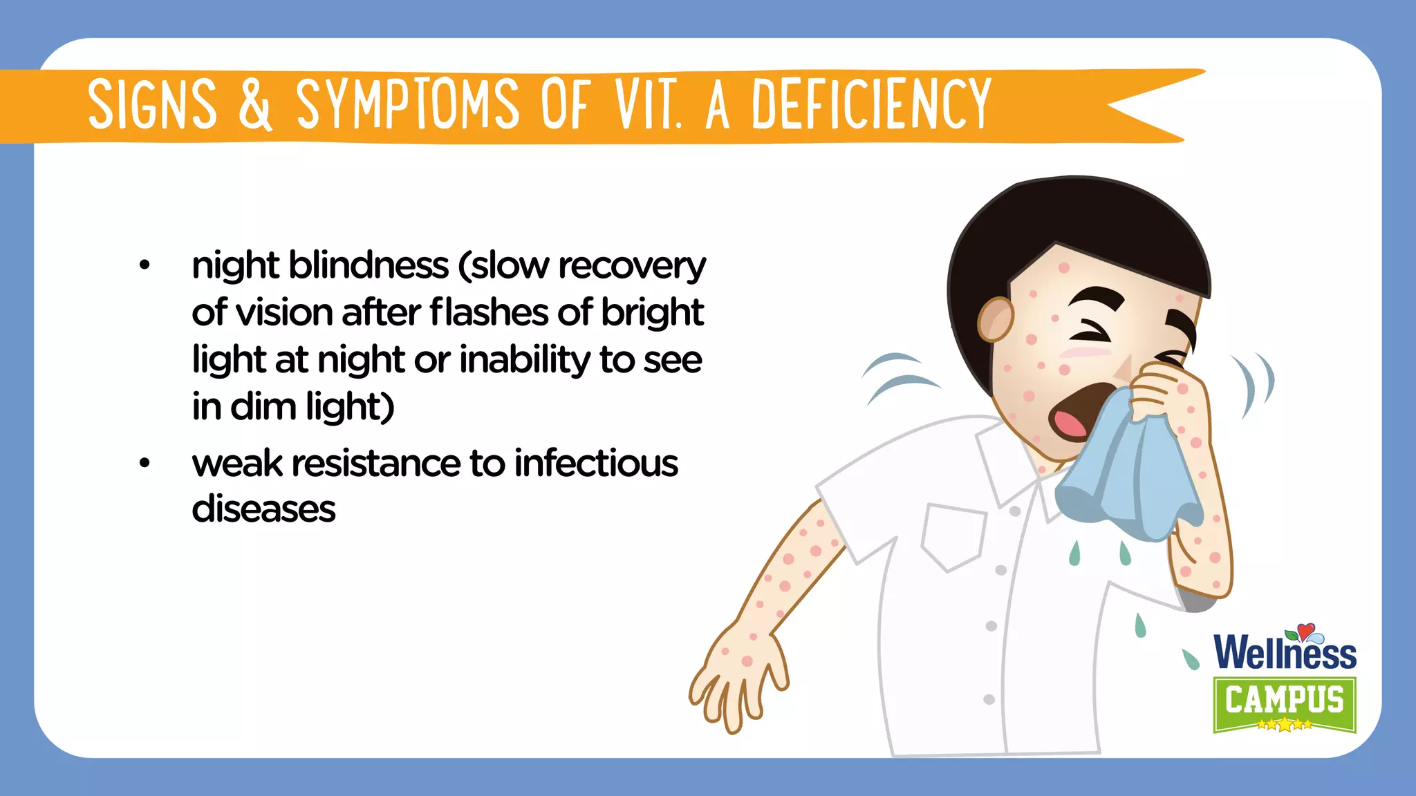 •  nightblindness(slowrecovery
ofvisionafterﬂashes ofbright
light atnightor inabilityto see
indimlight)
•  weakresistanceto infectious
diseases
SIGNS & SYMPTOMS OF VIT. A DEFICIENCY
 