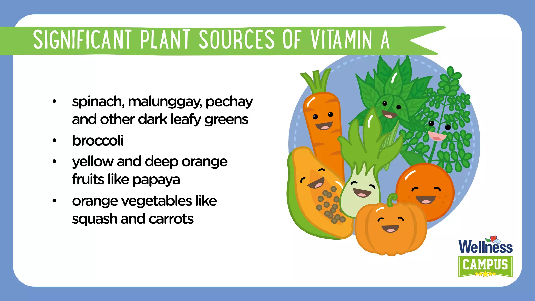 •  spinach,malunggay, pechay
andother darkleafygreens
•  broccoli
•  yellowanddeeporange
fruitslike papaya
•  orangevegetables like
squashandcarrots
SIGNIFICANT PLANT SOURCES OF VITAMIN A
 