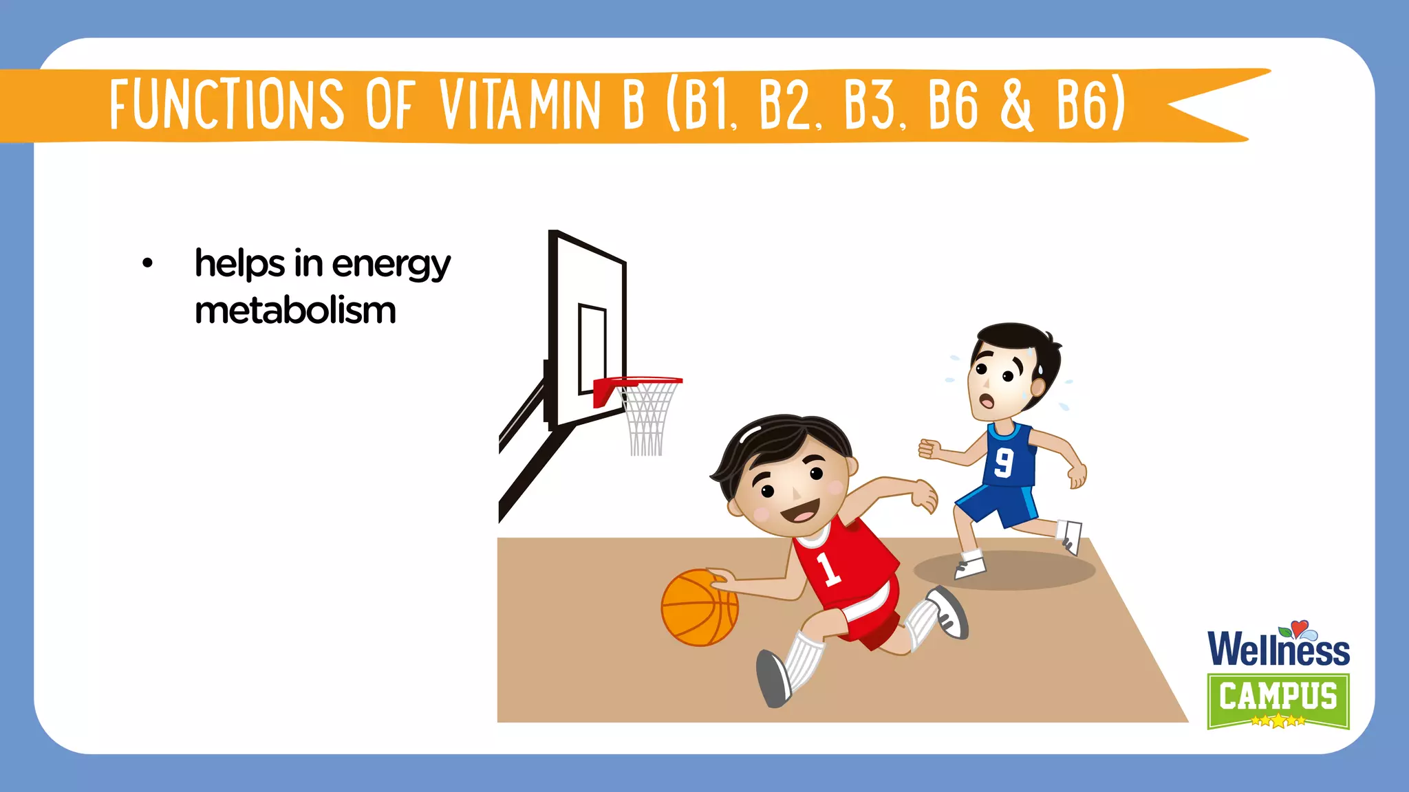 •  helpsinenergy
metabolism
FUNCTIONS OF VITAMIN B (B1, B2, B3, B6 & B6)
FUNCTIONS OF VITAMIN B (B1, B2, B3, B6 & B6)
 