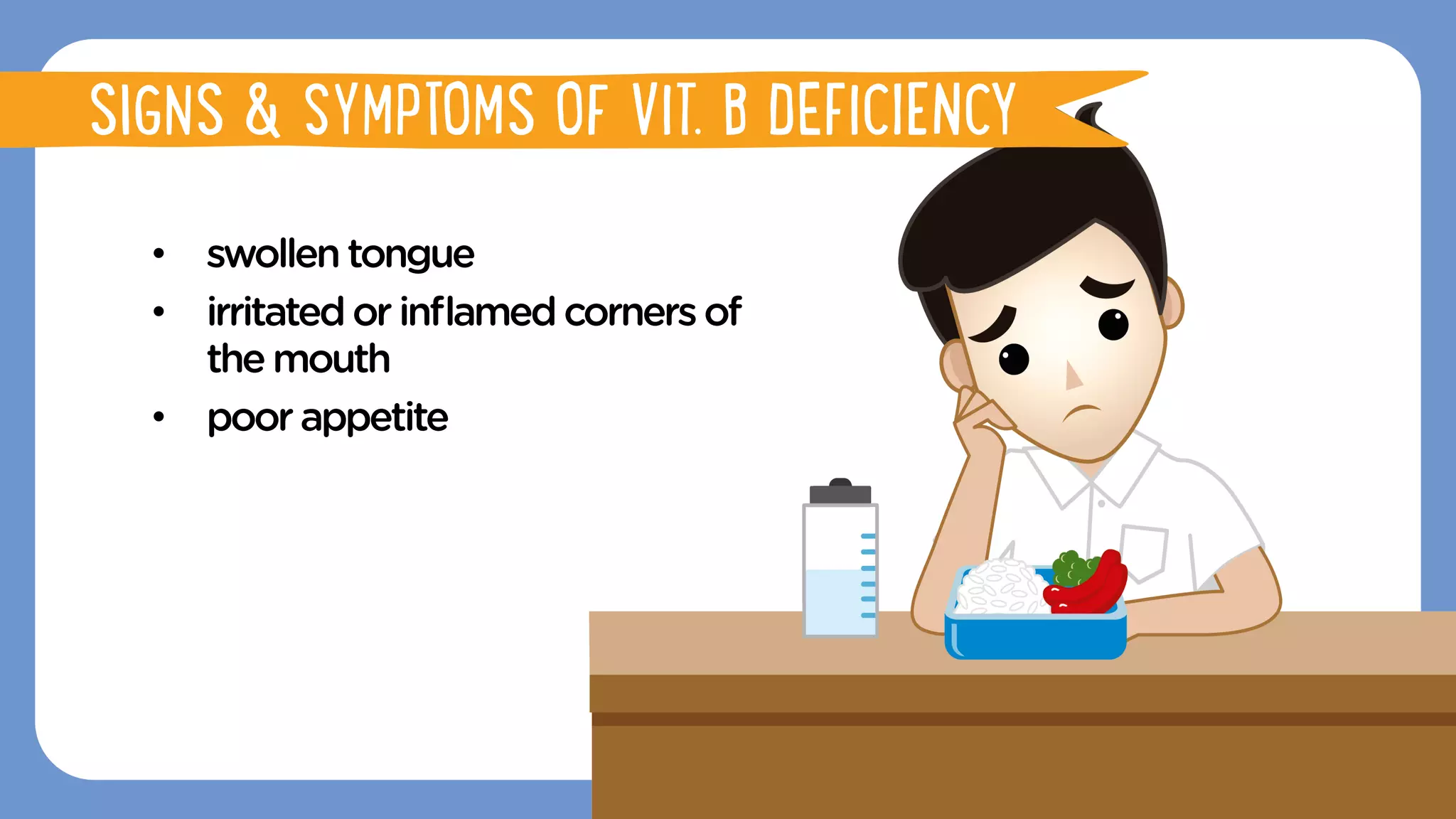 •  swollentongue
•  irritatedorinﬂamedcornersof
the mouth
•  poorappetite
SIGNS & SYMPTOMS OF VIT. B DEFICIENCY
 