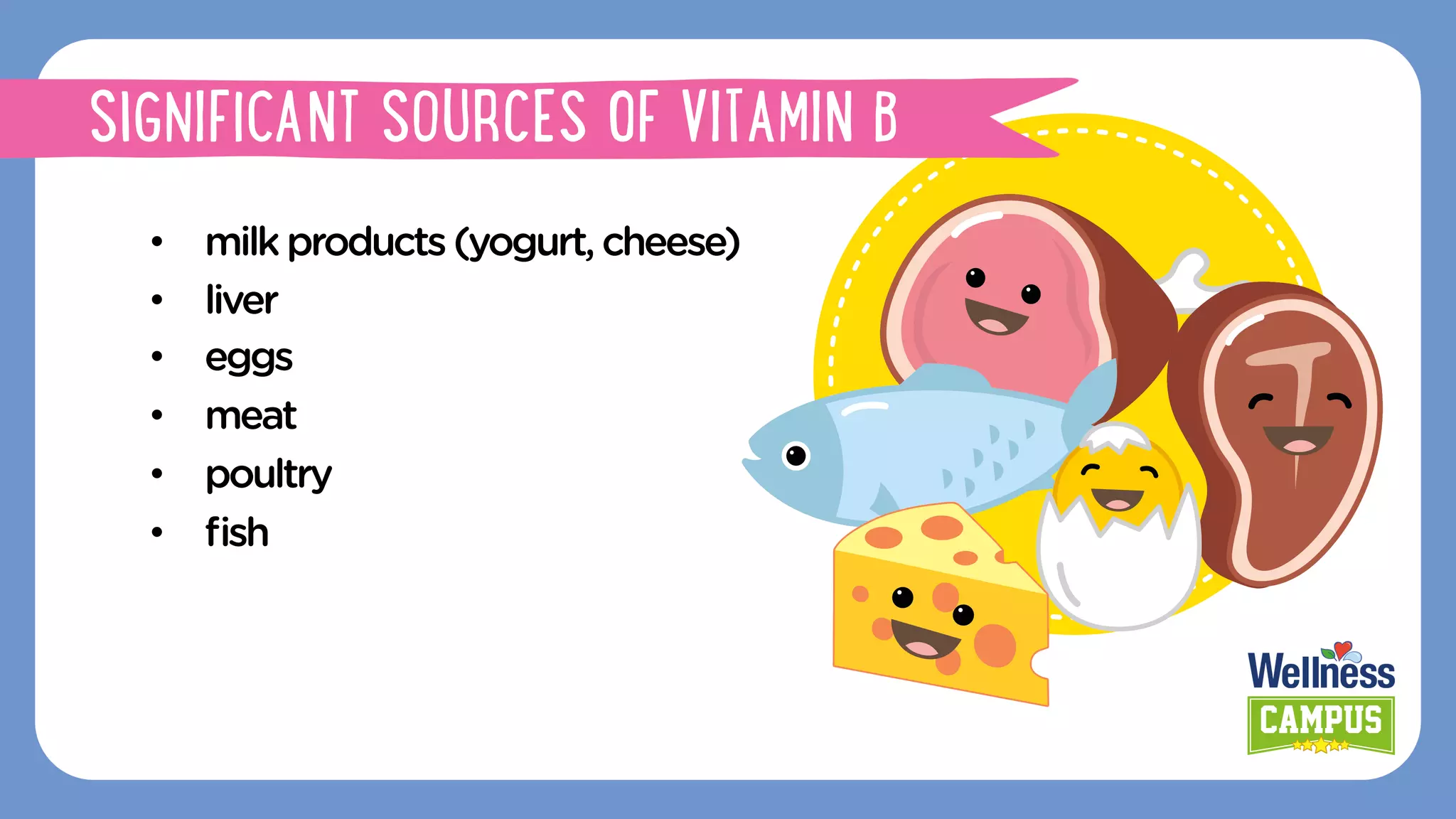 •  milk products(yogurt,cheese)
•  liver
•  eggs
•  meat
•  poultry
•  ﬁsh
SIGNIFICANT SOURCES OF VITAMIN B
 