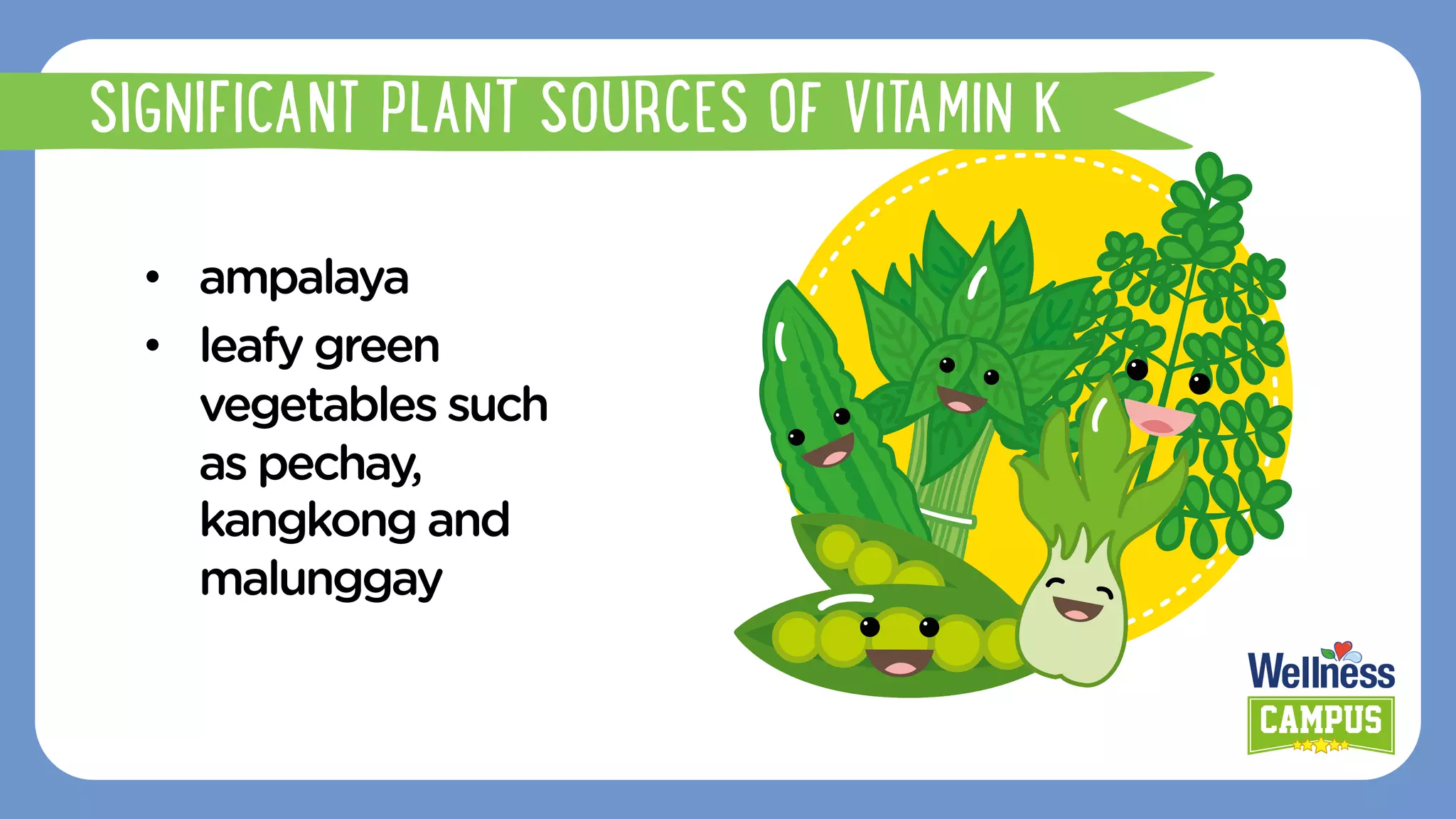 SIGNIFICANT PLANT SOURCES OF VITAMIN K
•  ampalaya
•  leafy green
vegetables such
as pechay,
kangkong and
malunggay
 