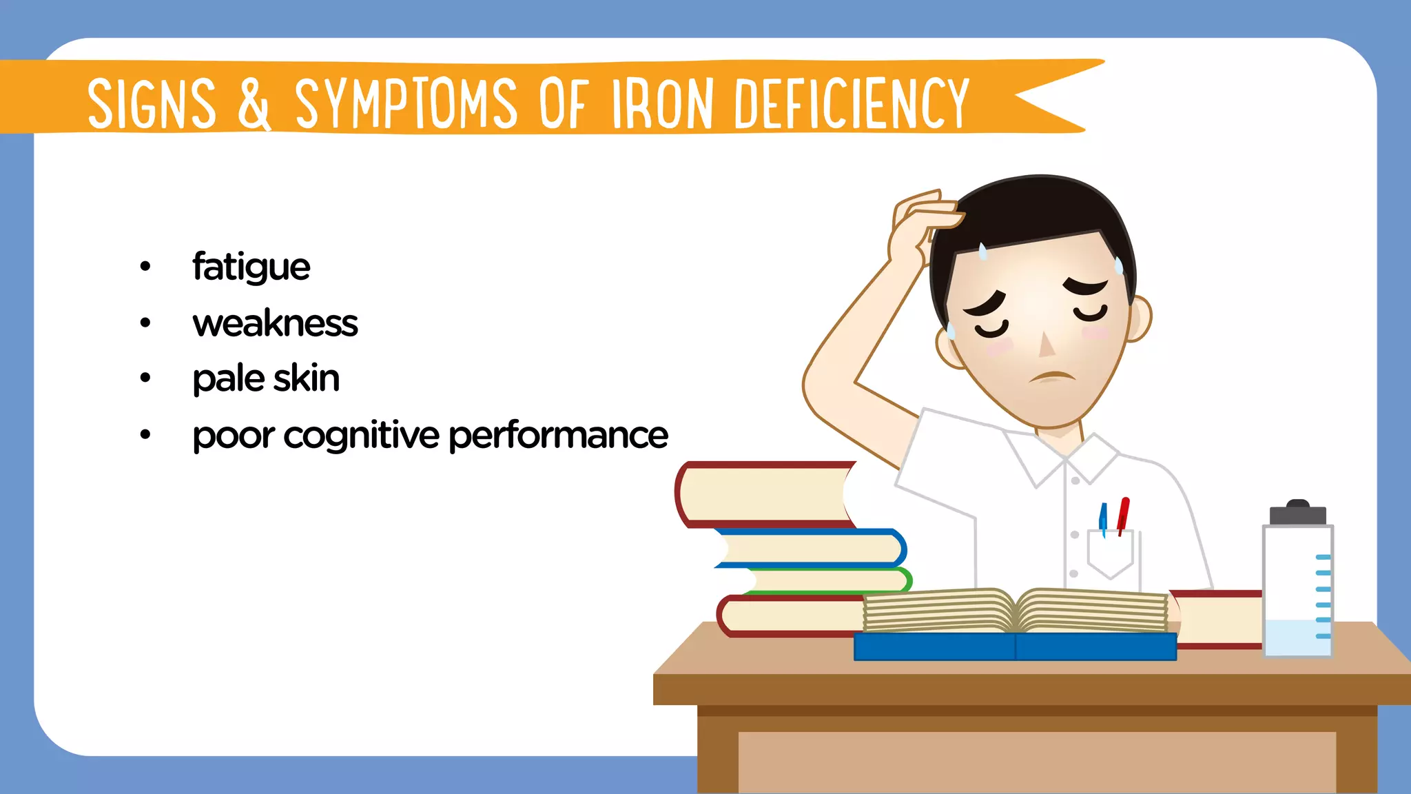 •  fatigue
•  weakness
•  paleskin
•  poorcognitiveperformance
FUNCTIONS OF IRON
SIGNS & SYMPTOMS OF IRON DEFICIENCY
 