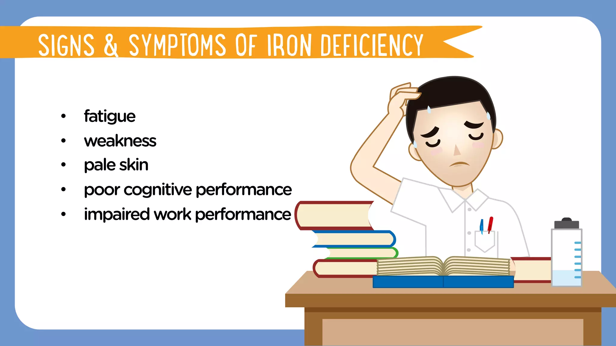 •  fatigue
•  weakness
•  paleskin
•  poorcognitiveperformance
•  impairedworkperformance
FUNCTIONS OF IRON
SIGNS & SYMPTOMS OF IRON DEFICIENCY
 