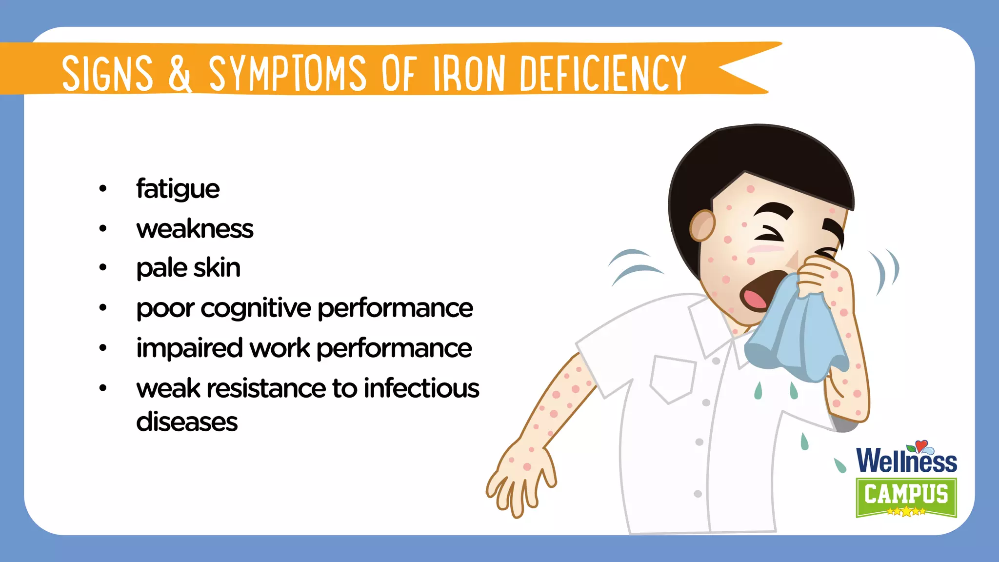 •  fatigue
•  weakness
•  paleskin
•  poorcognitiveperformance
•  impairedworkperformance
•  weak resistance to infectious
diseases
FUNCTIONS OF IRON
SIGNS & SYMPTOMS OF IRON DEFICIENCY
 