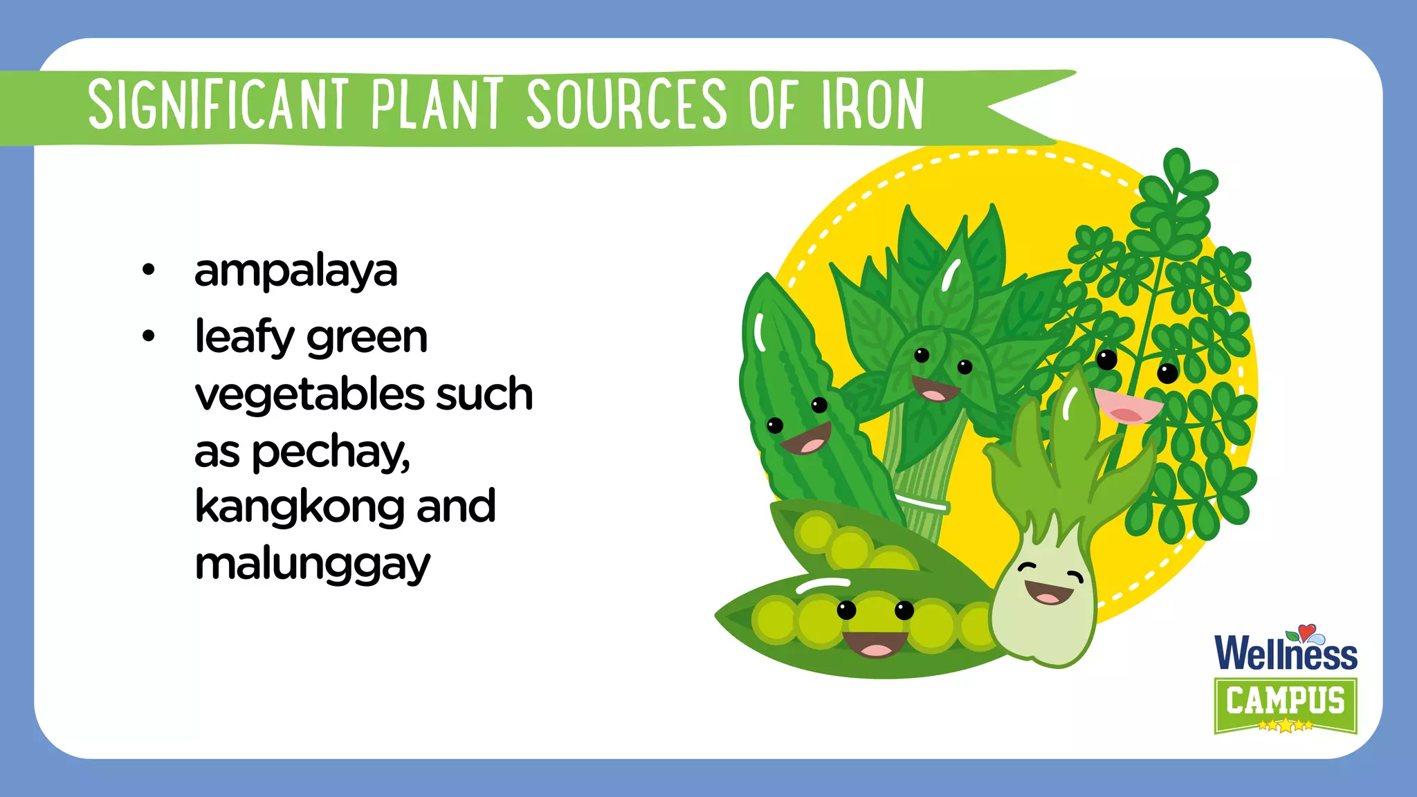SIGNIFICANT PLANT SOURCES OF IRON
•  ampalaya
•  leafy green
vegetables such
as pechay,
kangkong and
malunggay
 
