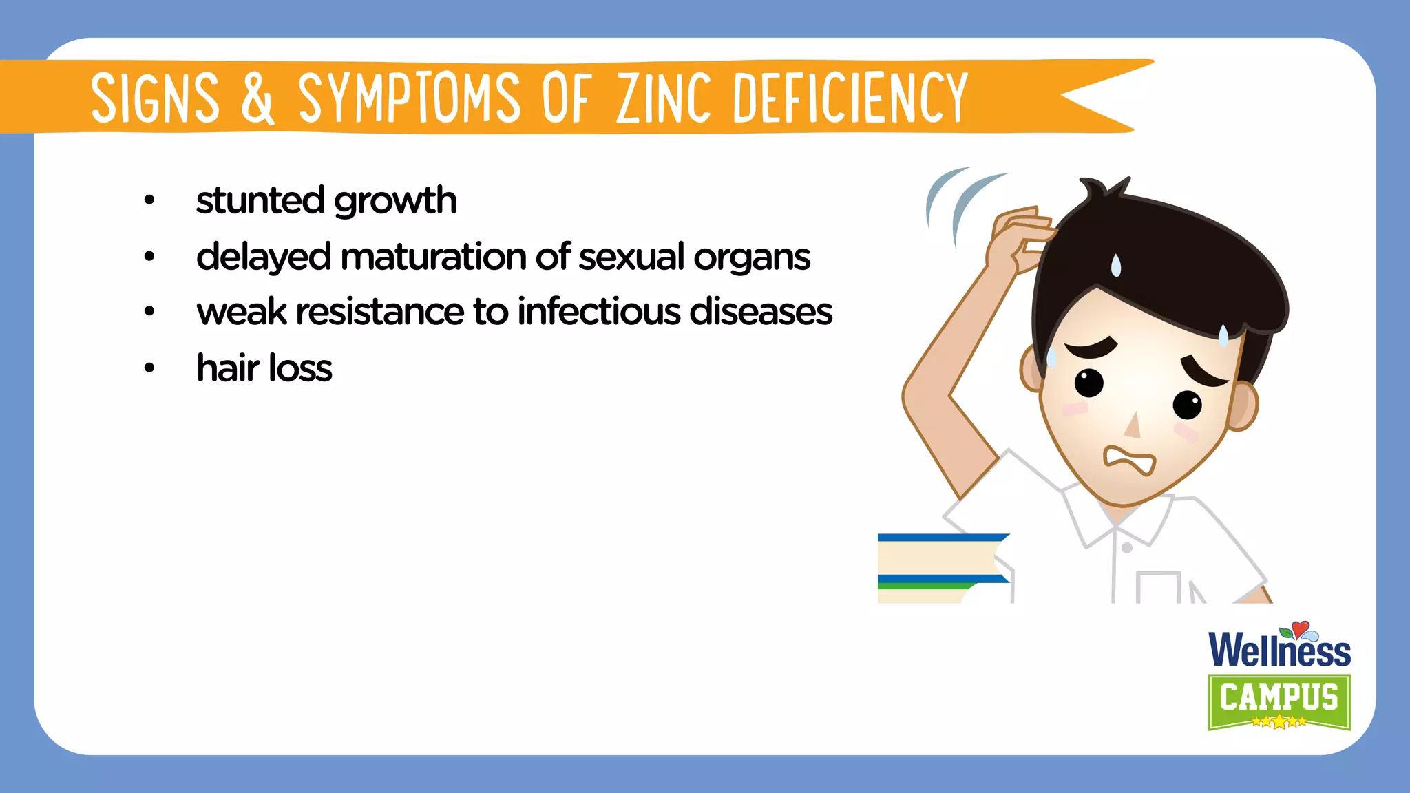 •  stuntedgrowth
•  delayedmaturationofsexualorgans
•  weakresistancetoinfectious diseases
•  hairloss
SIGNS & SYMPTOMS OF ZINC DEFICIENCY
 