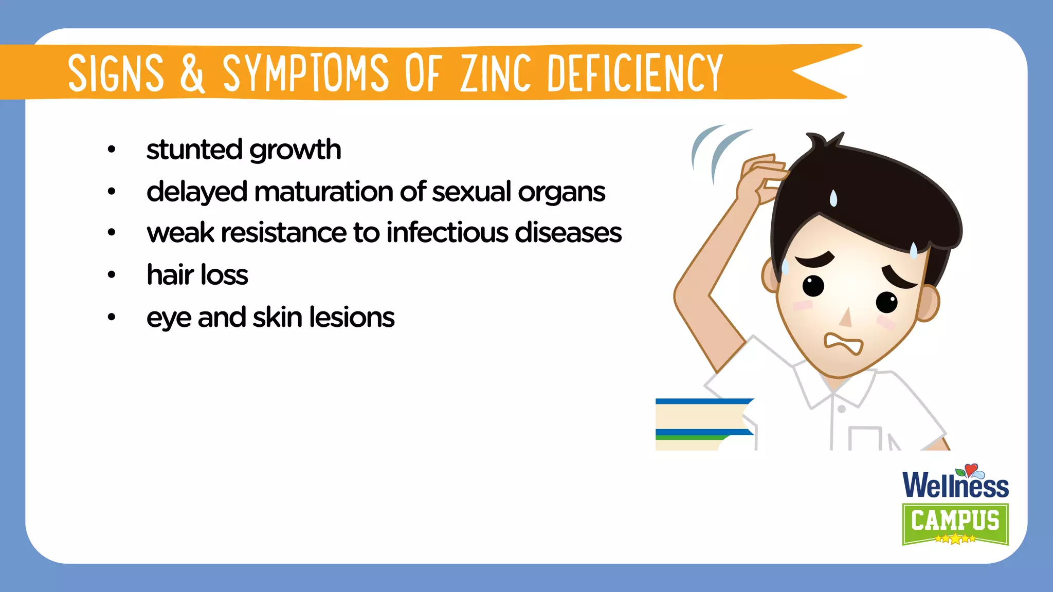 •  stuntedgrowth
•  delayedmaturationofsexualorgans
•  weakresistancetoinfectious diseases
•  hairloss
•  eyeandskin lesions
SIGNS & SYMPTOMS OF ZINC DEFICIENCY
 