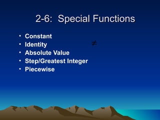 2-6:  Special Functions Constant Identity Absolute Value Step/Greatest Integer  Piecewise 